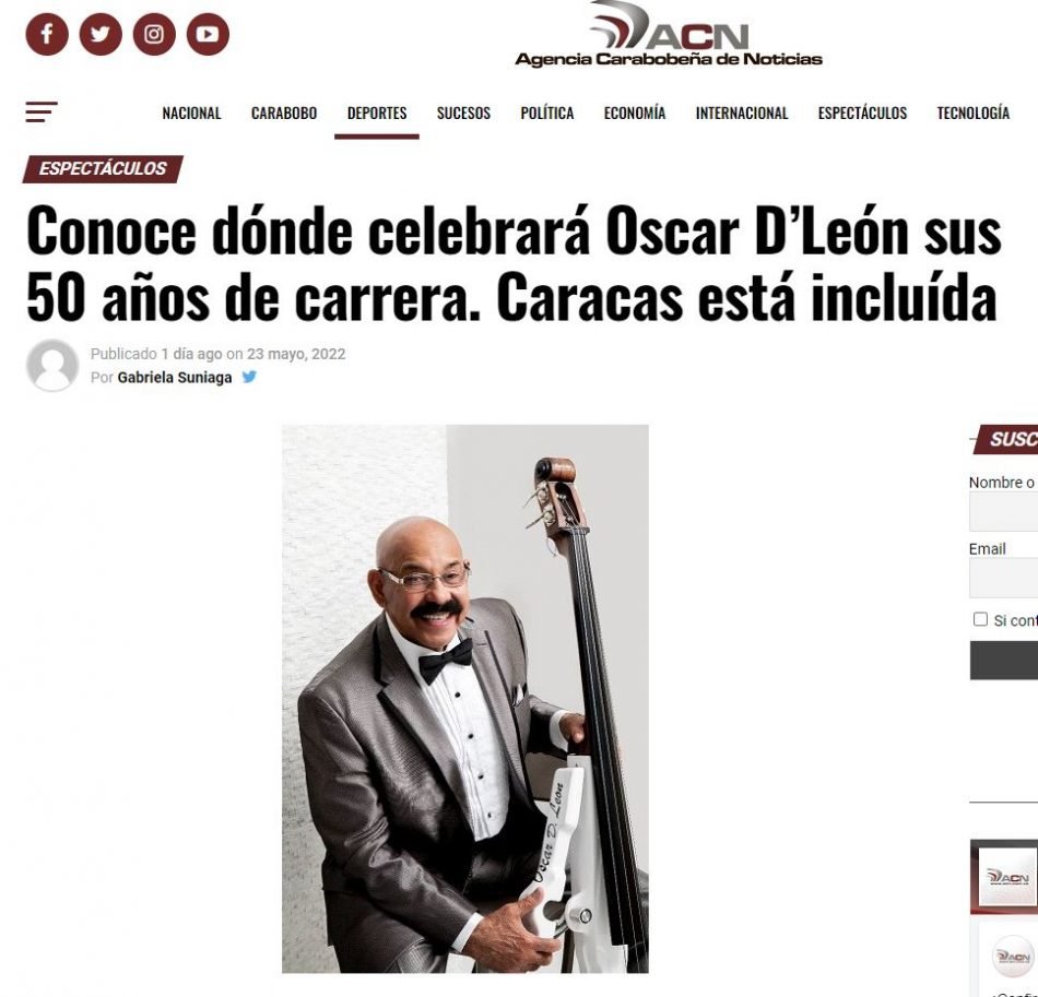 Conoce dónde celebrará Oscar D’León sus 50 años de carrera. Caracas está incluída / por acn.com.ve